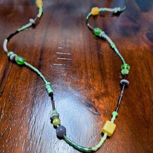 Vintage Handmade Green and Yellow Boho Beaded Necklace